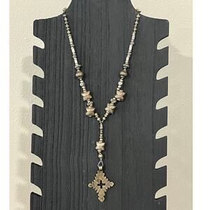 Southwestern Cross Necklace Heavy Beaded Silver Tone Artisan Pendant 12”